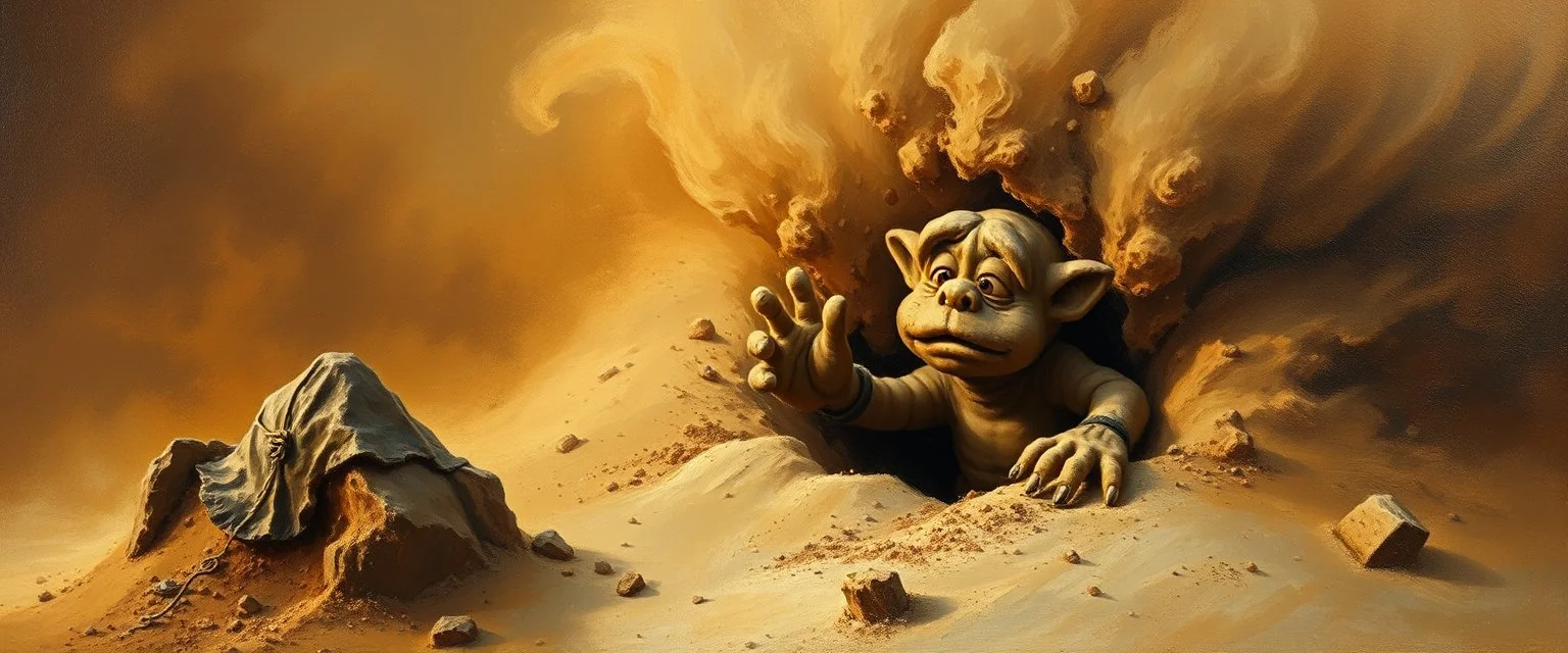 master oil painting by Rembrandt, good afternoon clay golem peeking out of a sand whirlwind, in the style of disney