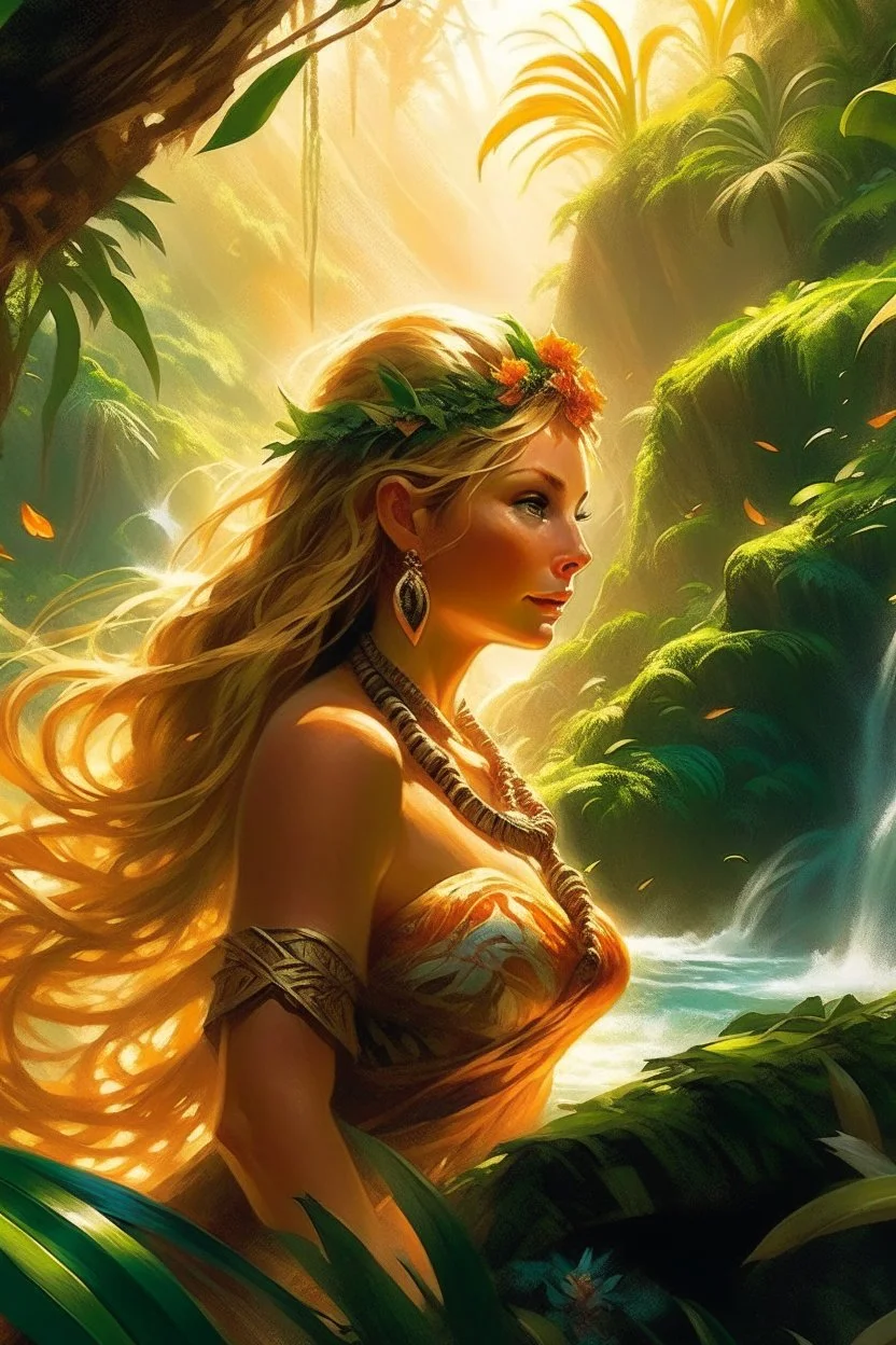 A captivating image of a meetoo Erna Solberg who's husband is devoted to inside trading, which appears to be on fire, as her wavy locks flow in a flowing tropical jungle-waterfall breeze. She wields a beautiful bow, decorated with intricate embellishments and graceful designs. The sunlight casts long shadows, emphasizing the delicate beauty of the woman and evoking a sense of mystery and connection. The shallow depth of field isolates the woman and the desert environ