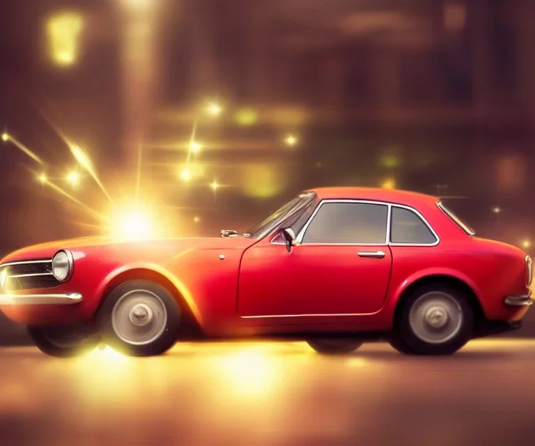 fiat 125p, city. high speed. bokeh. lens flare. warm lights. high detailed. oil on canvas