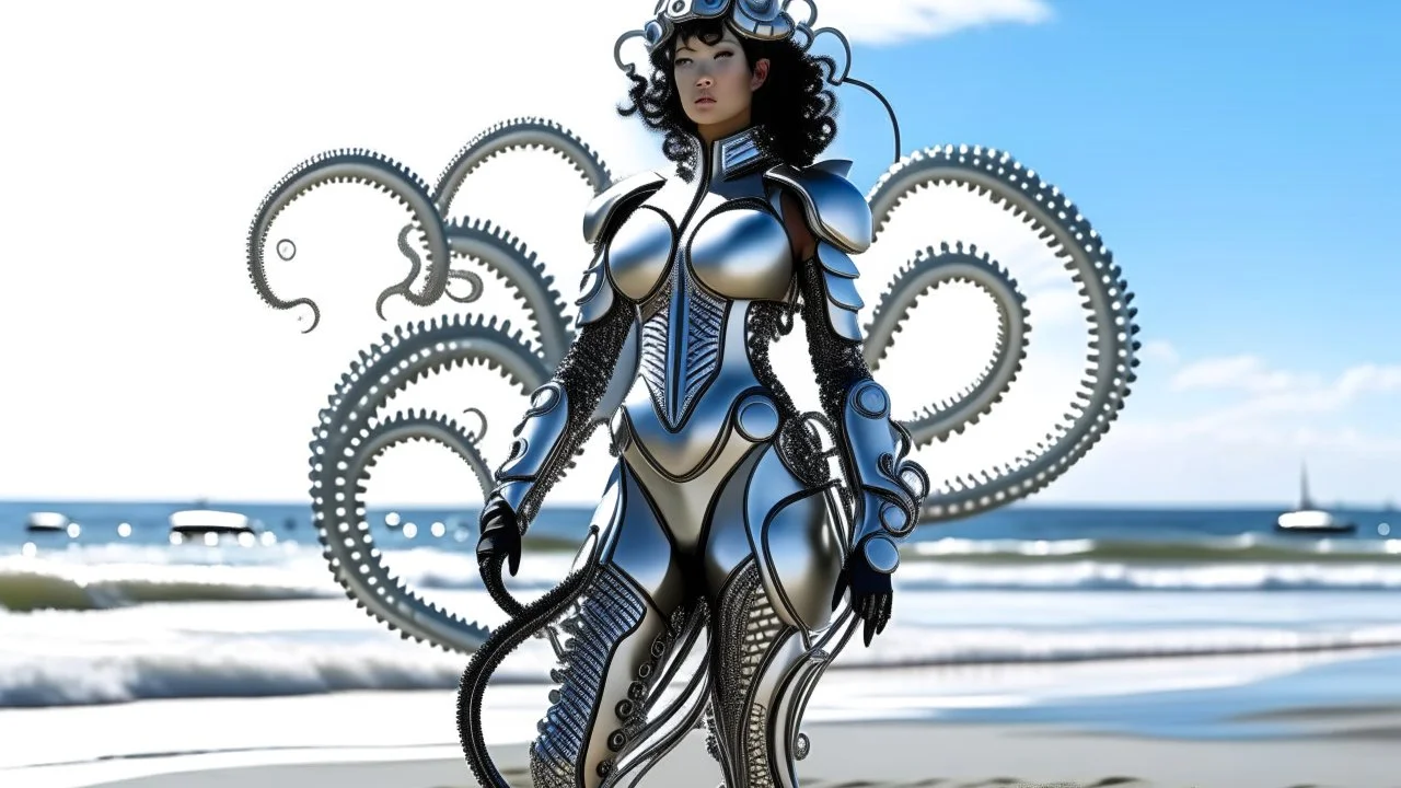 A woman with dark hair in a silver robotic catsuit, standing on a beach with flying mushrooms looking like parasols, with octopus tentacles in the air