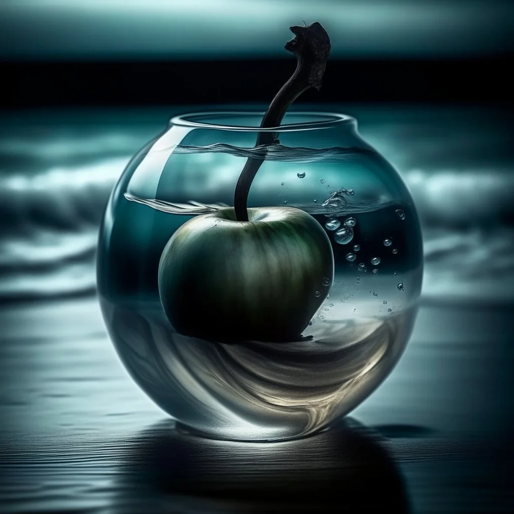 lovely double exposure image by blending together a stormy sea and a glass apple. The sea should serve as the underlying backdrop, with its details subtly incorporated into the glossy glass apple, sharp focus, double exposure, glossy glass apple, (translucent glass figure of an apple) (sea inside) lifeless, dead, glass apple, earthy colors, decadence, intricate design, hyper realistic, high definition, extremely detailed, dark softbox image, raytracing, cinematic, HDR, photorealistic (double exp