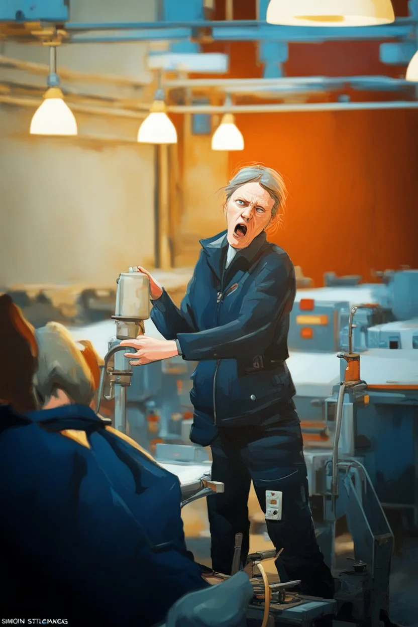 an angry woman in factory, cartoon style Simon Stålenhag