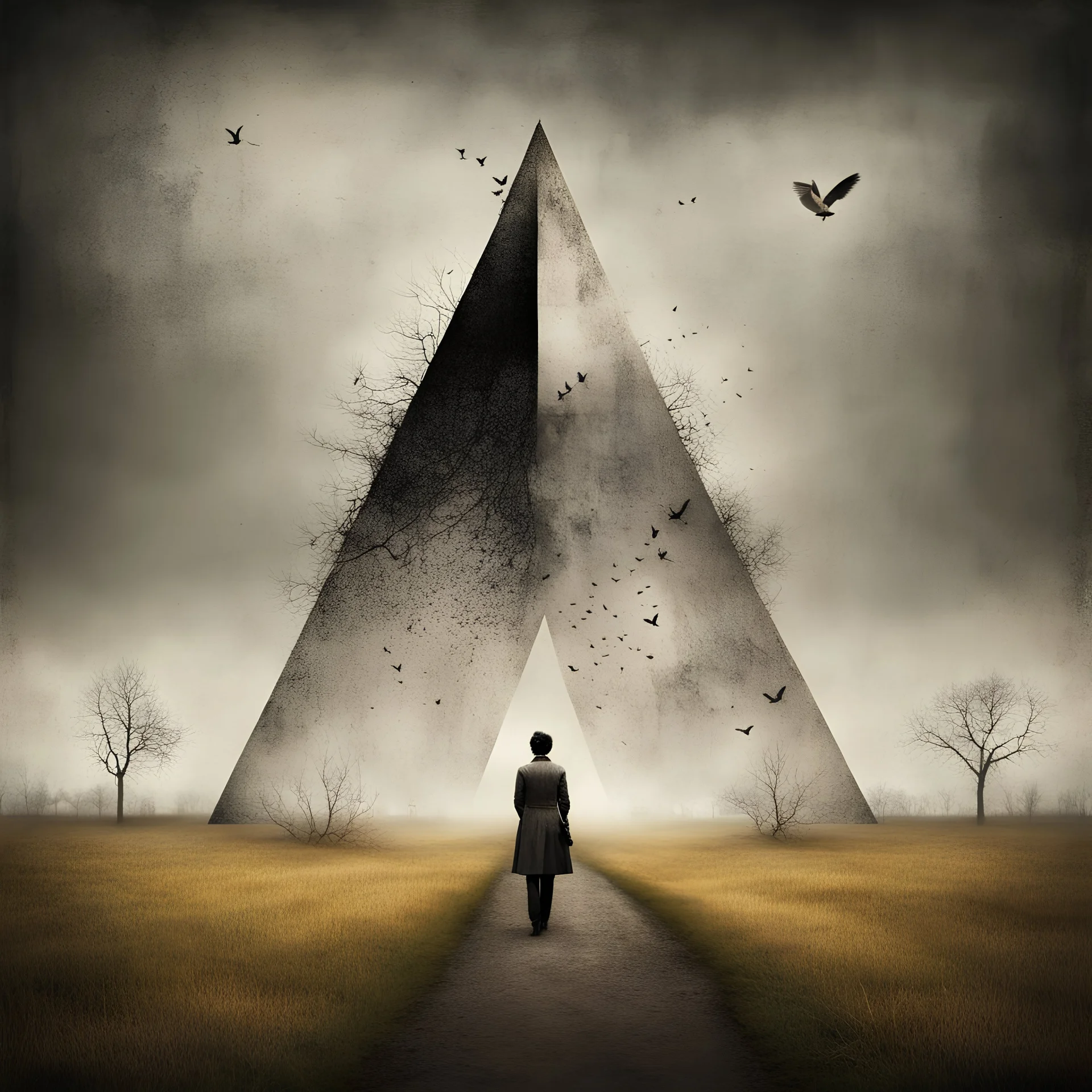 Style by Gabriel Pacheco and VS Gaitonde and Alexander Jansson, abstract surreal art, a metaphorical representation of the ephemeral triangular relationship of love rivalries, gestalt lunatic grass shine, warm colors, sinister, surreal masterpiece, dynamic diagonal layout composition, juxtaposition of the uncanny and the banal, sharp focus, weirdcore, never-before-seen