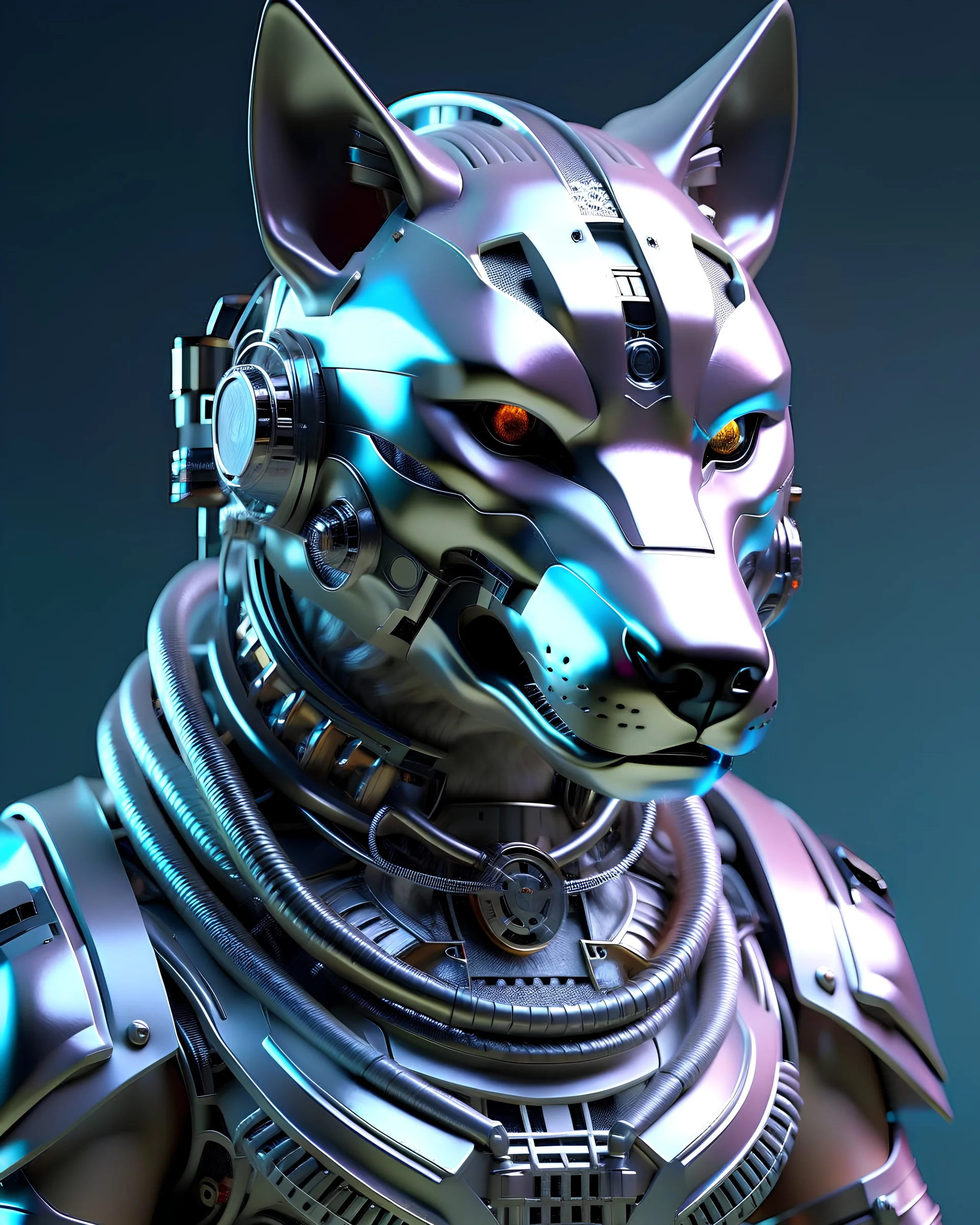 3D Portrait of a cyborg wolf in natural colours wearing futuristic face armor in realistic fantasy full body