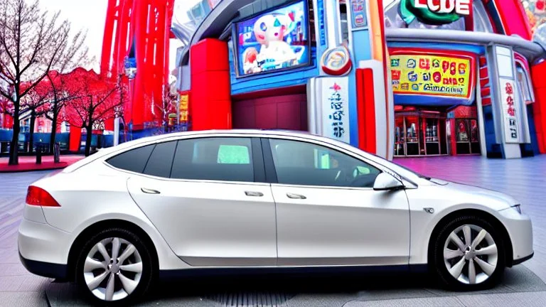 A Tesla's 'Model S Plaid' is parked, at 'Lotte World', in Seoul (South Korea). CINEMATIC. WIDE ANGLE LENS.