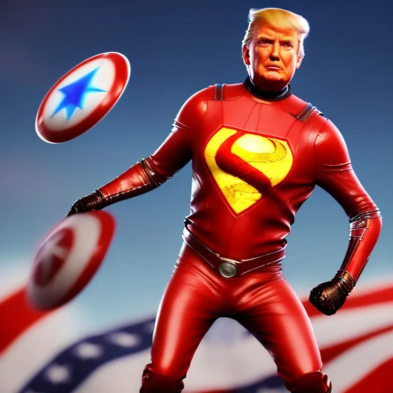 Realistic image of Donald trump super hero, retro style, watchmen style, red white blue colors, white stars, suspenders, latex material, 80s, vibrant color, highly detailed, sky background, concept art, unreal engine 5, god rays, ray tracing, RTX, lumen lighting, ultra detail, volumetric lighting, 3d, finely drawn, high definition, high resolution.