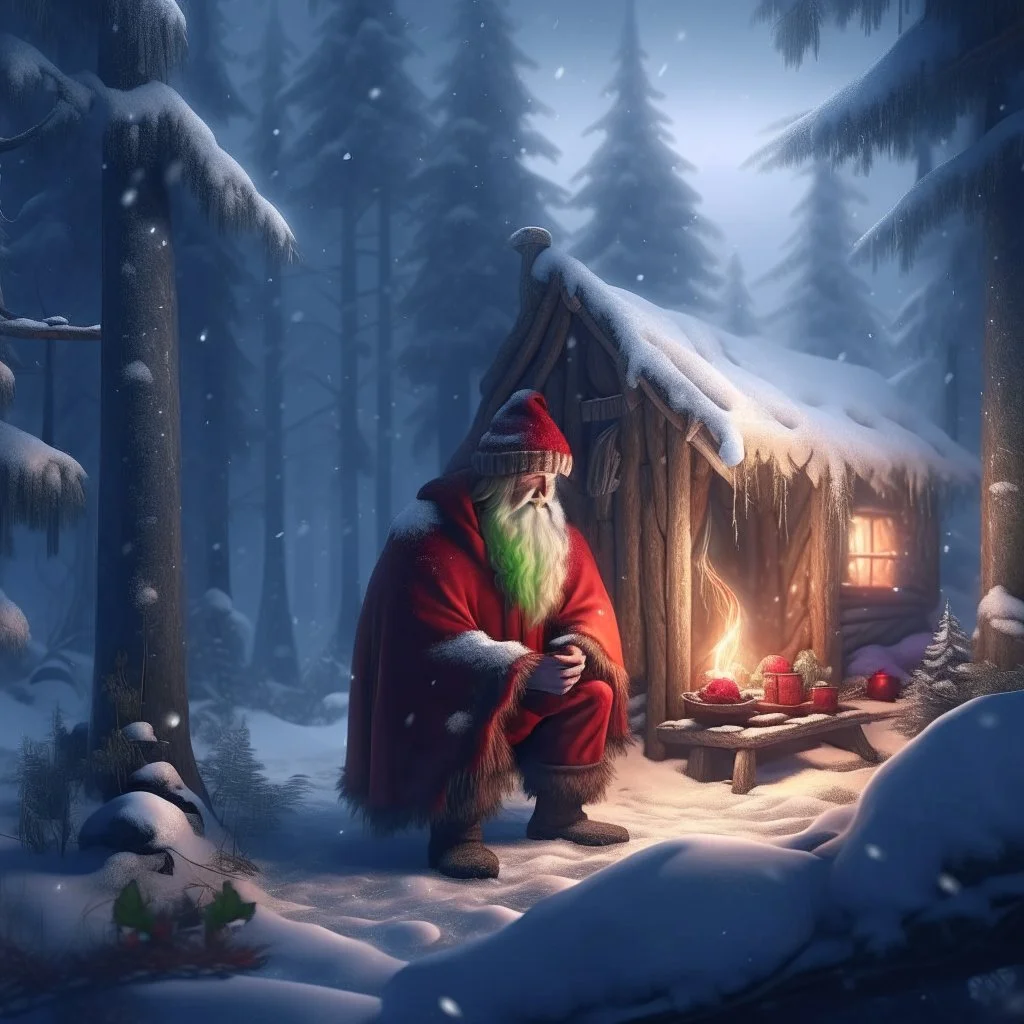 john travlota as santa claus in cosy hut in snowy misty forest, 8k, down-light, soft light, depth of field, photo realism, trending on art station, high detail