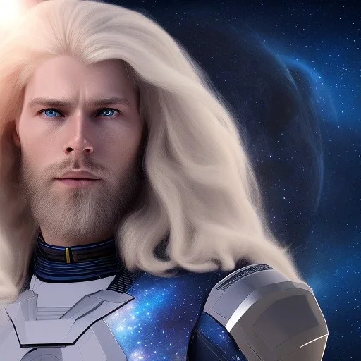 Full body ,Beautiful cosmic man, blue eyes, long blond hair, cosmic suit, galactic backdrop, soft lighting, hyper realistic, unreal engine 5, 16k