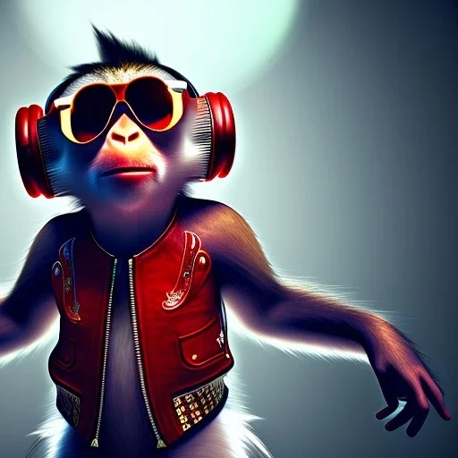 Monkey toddler, steampunk headphone, sunglass, gangsta neckless, full body, red leather jacket, tokio background, dramatic lighting, hyper realistic, unreal engine 5, 16k