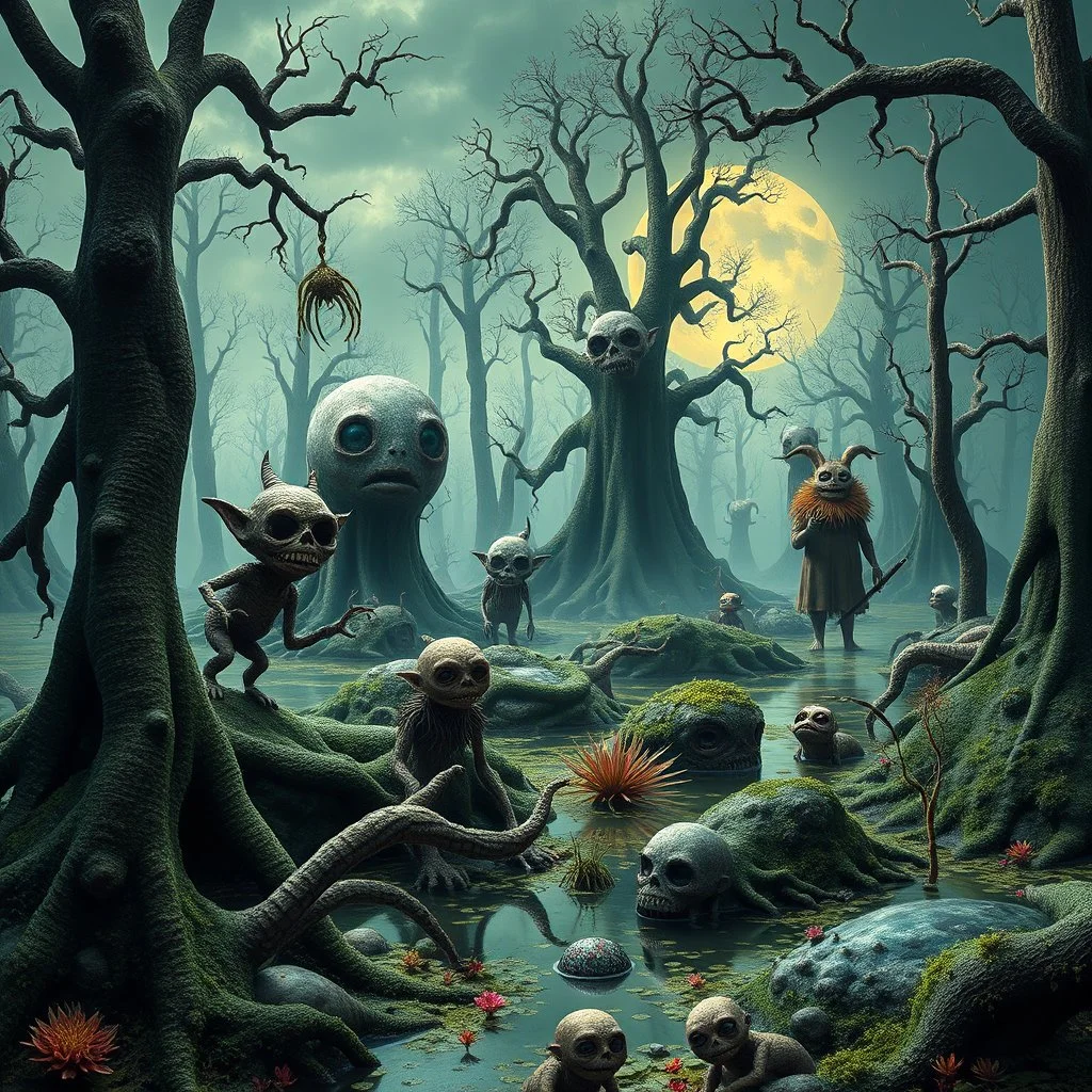 Odd swamp landscape with odd beings, surreal abstract Max Ernst style, Tim Burton, Harry Potter, 120mm photography, sharp focus, 8k, deep 3d field, very detailed, volumetric light, very colorful, ornate, F/2.8, insanely detailed and intricate, hypermaximalist