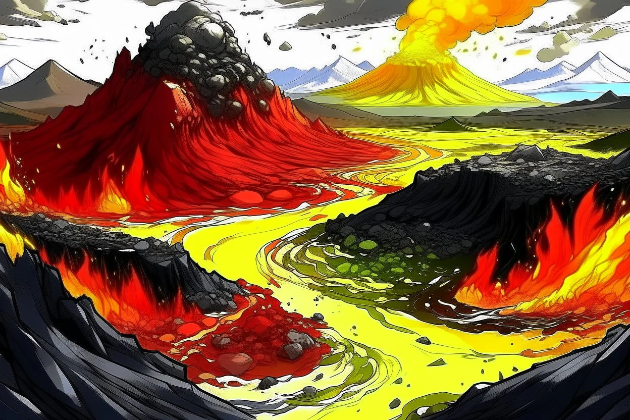 acidic soil in anime style with lava and mountains , red white yellow black colors , magic the gathering style, realistic style