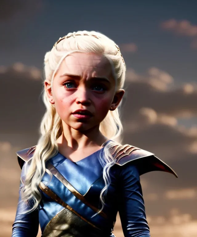 Daenerys Targaryen toddler, full body, dramatic lighting, angry, hyper realistic,