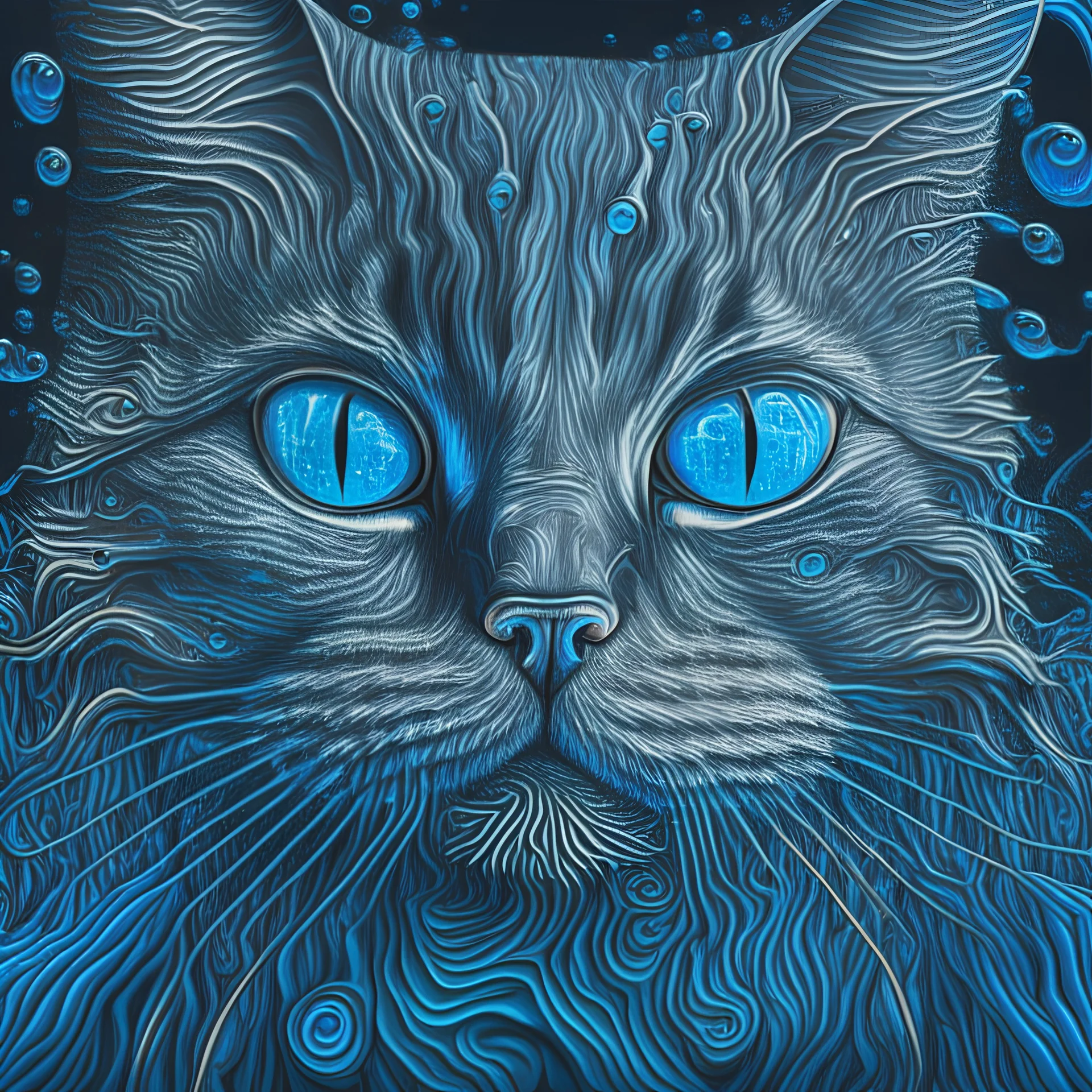 detailed portrait of an aquatic cat, psychedelic, blue and black background