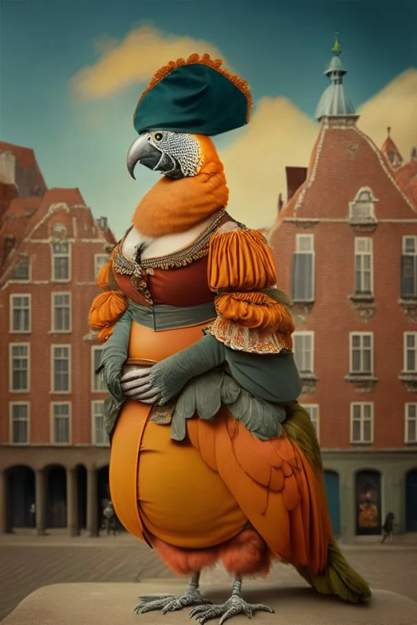 Pregnant Half parrot half human in a old 1700s orange Dutch uniform in front of a Dutch city