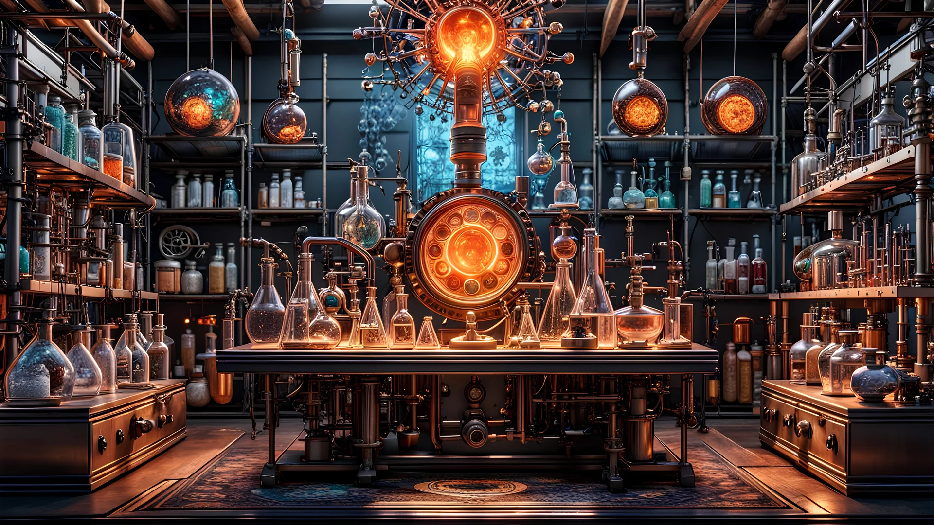 3D rendering of expressively detailed and intricate of a hyperrealistic chemistry laboratory experiment: symmetric, front view, colorful paint, tribalism, steampunk, shamanism, cosmic fractals, dystopian, octane render, volumetric lighting, 8k post-production, detailed metallic objects, dendritic, artstation: award-winning: professional portrait: atmospheric: commanding: fantastical: clarity: 16k: ultra quality: striking: brilliance: stunning colors: amazing, beautiful, stunning composition