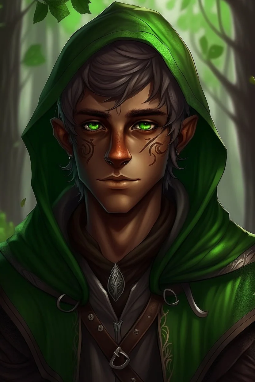 Young male wood elf, rogue, brown skin, bright green eyes, mauve hair, hooded black leather, shy, trees, stoner