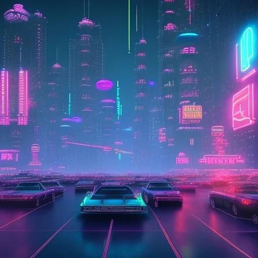 a cityscape of a distant future, with sprawling skyscrapers and neon signs illuminated against a dark sky, cyberpunk, full body, realistic, intricately detailed, neon lighting, vivid colors, neon, futuristic, 64k, cosmic atmosphere