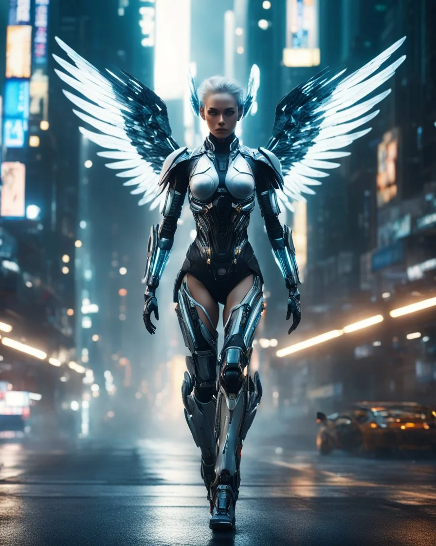 A full length Beautiful humanoid Angel mixed with a body cyborg,driving motorsports futuristic on street futuristic cyberpunk city night, 8k ultra detail photography