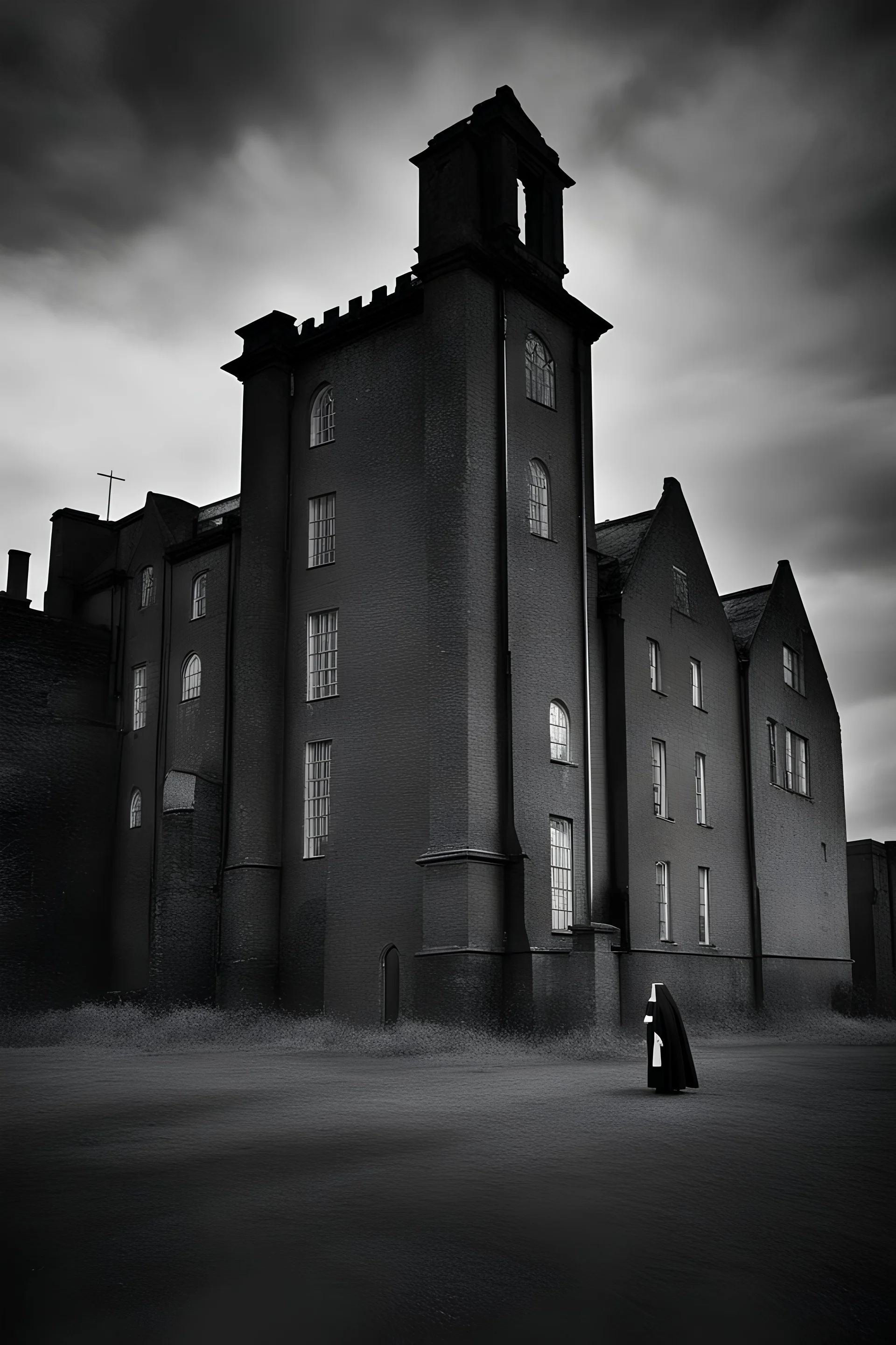 An historical photograph of a building of a grimy asylum in Ireland in black and white, with a lot of sky showing and eerie atmosphere and a nun