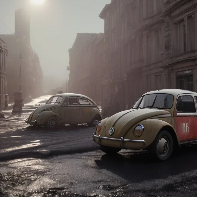 an old volkswagen car ultra realistic,wide body , rally concept, 4k ,on street,8k resolution, high-quality, fine-detail, parked in crowded city winter wide body