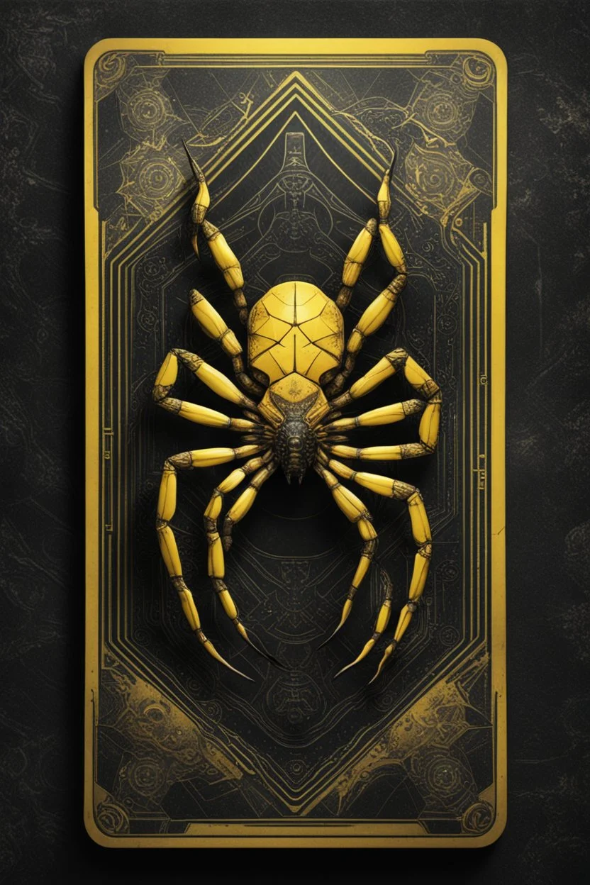 sacred geometry framed playing card, black and yellow crab wolverine scorpion spider with shadows boss card in the style of Giger and fallout 4 ,,bokeh like f/0.8, tilt-shift lens 8k, high detail, smooth render, down-light, unreal engine