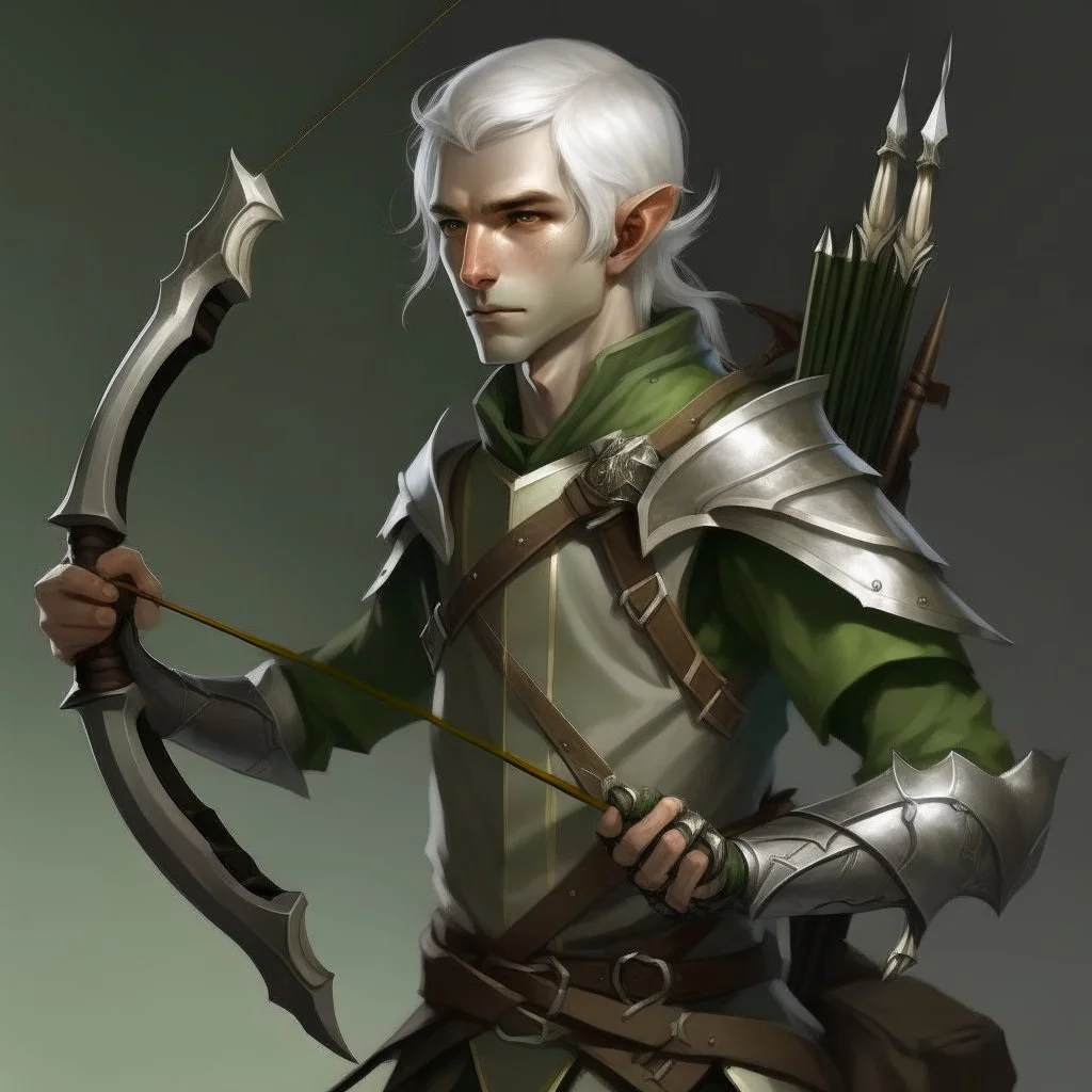 Please create an image for a young elven male with light brown skin, silver hair, and green eyes. He is carrying a crossbow and is accompanied by a metallic robot