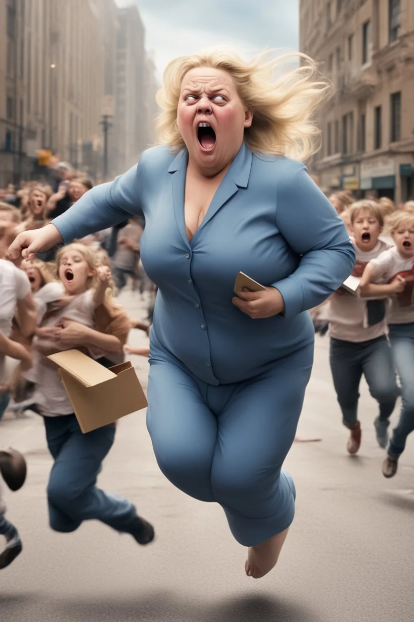 an obese terrified blonde woman crying and sobbing in a pant suit desperately running away from an angry mob of thousands of kids chase her down a city street while holding books