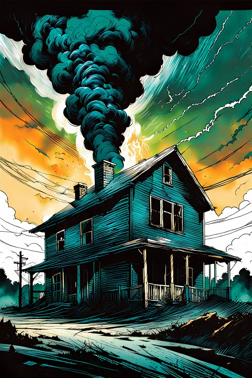 create a surreal horror style illustration of a farmhouse disintegrating in a massive, violent tornado , with highly detailed features, in the comic art style of FRANK MILLER and BILL SIENKIEWICZ, searing lines and forceful strokes, precisely drawn, boldly inked, with gritty textures, vibrant colors, dark and dramatic otherworldly lighting