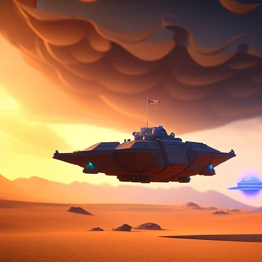 octane render volumetric desert environment, Ralph McQuarrie style painting of an armored hovercraft with cannon, floating in the air, highly detailed, minutiae, clouds, storm, renderman, duststorm at sunrise