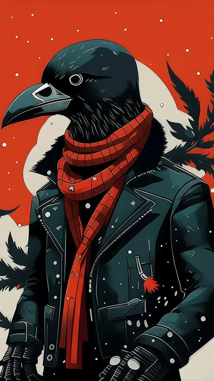 An illustration by Matisse of a human-like crow with a punk leather jacket within a Christmas atmosphere.