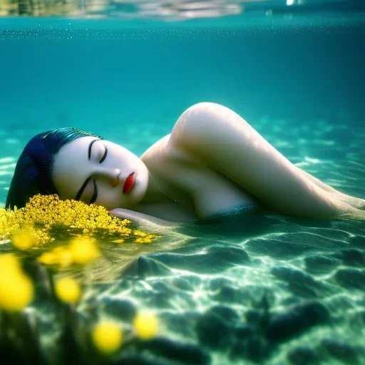 Playboy girl underwater with yellow flowers for hair, closed eyes, rtx, reflection, 8k, glow, winning photography, caustics