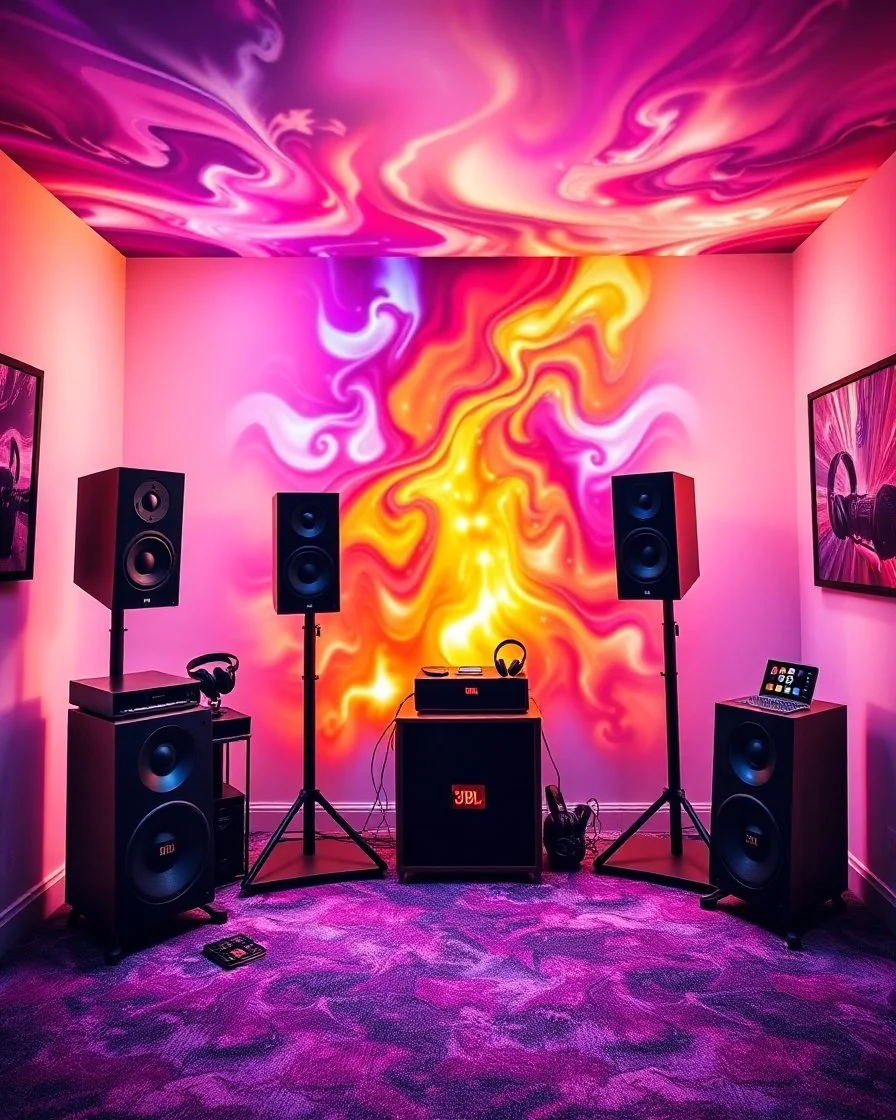 A beautiful design with photos of standing party speakers, party boxes, headphones, mobile chargers, and JBL speakers in the center of the room with a beautiful, unique, and psychedelic color theme.