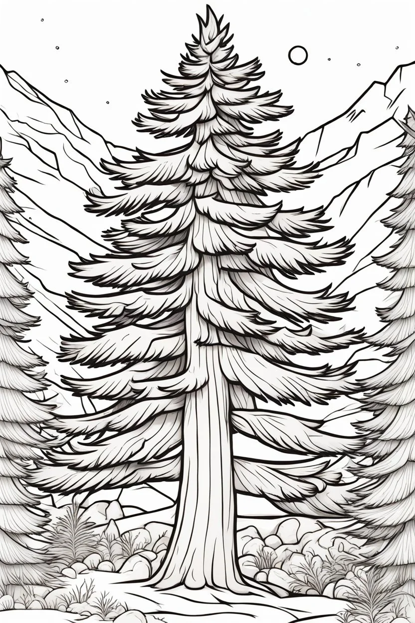 coloring page, pine tree, cartoon style, thick lines, low detail, no shading