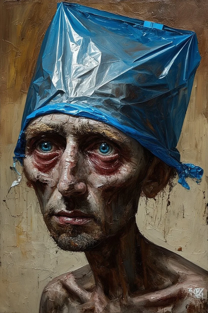 A strange and gloomy stick man with a blue plastic bag on his head. Surrealism, figurative painting with elements of the Bauhaus style. Intense textures.