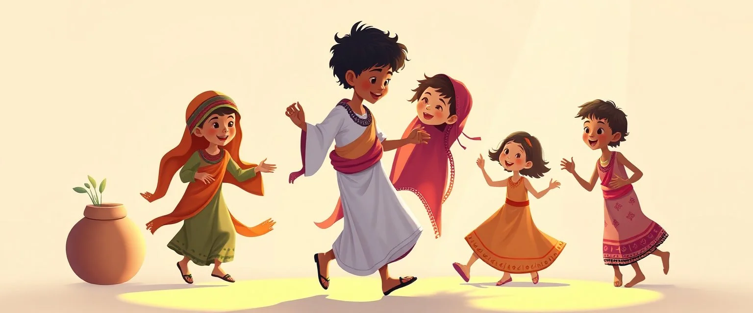 illustration of ethnic children playing and dancing. fantastic lighting, chaabi children's book proportions, on a light background