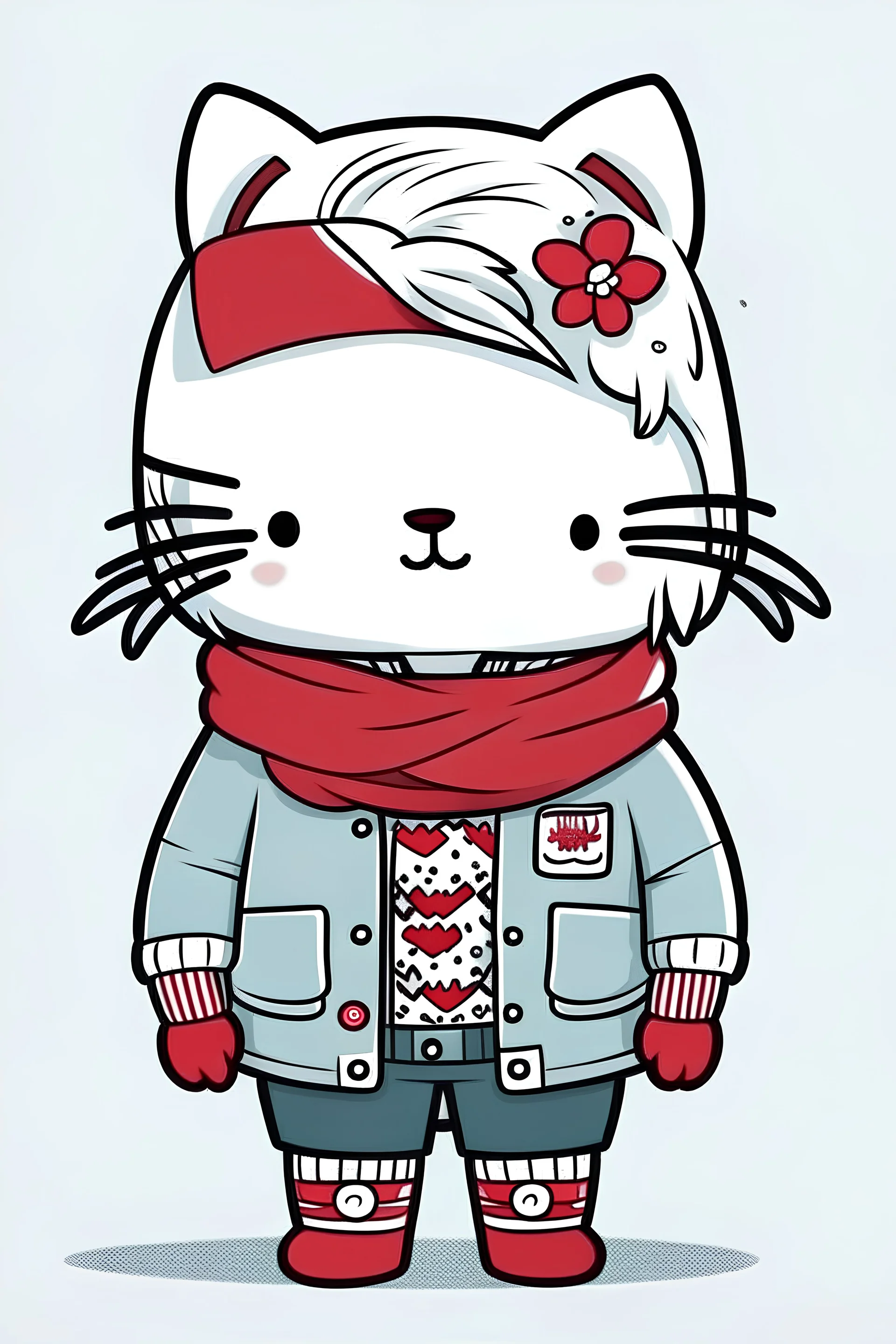 haz a una persona con pelo blanco, una diadema de invierno peluda, camisa con logo de hello kitty y pantalon con logos de hello kitty
