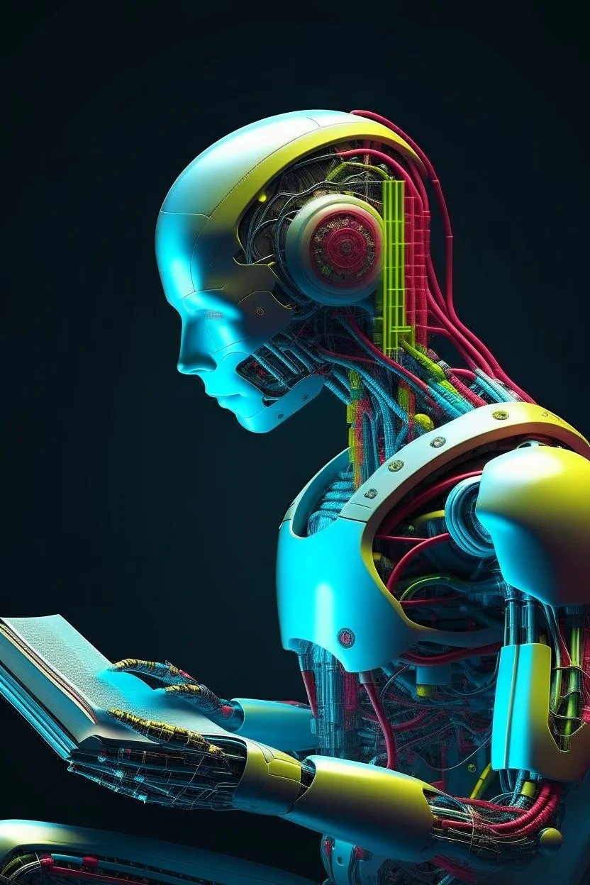 generate a colored front cover simplistic illustration representation of Ai phot realistic atteactive humanoid bot editing a book