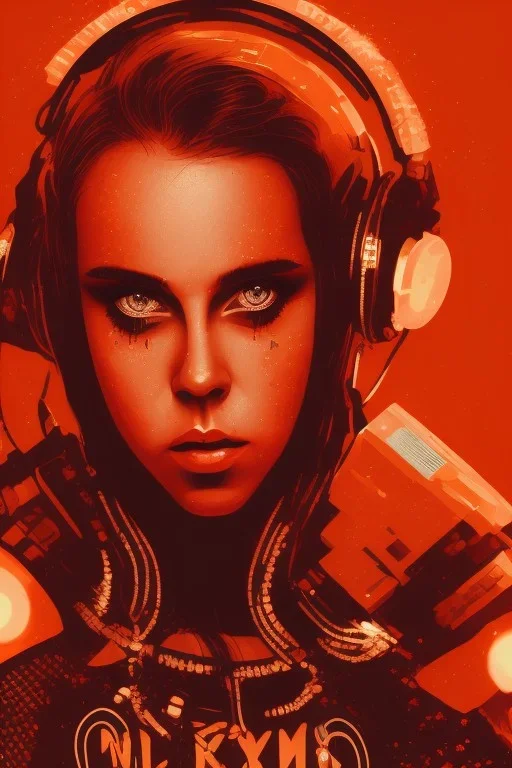 danish singer mø face, cyberpunk,orange tones,