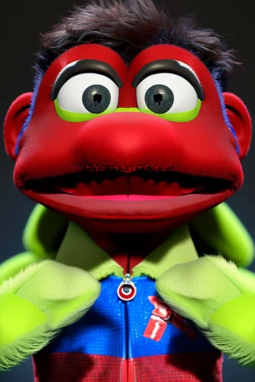 Waist up muppet Portrait, Nicolas maduro us muppet doll, tracksuit red blue and yellow, mustache, photo studio, red background, unreal engine 5, concept art, art station, ray tracing, lumen lighting, ultra detail, volumetric lighting, 3d.