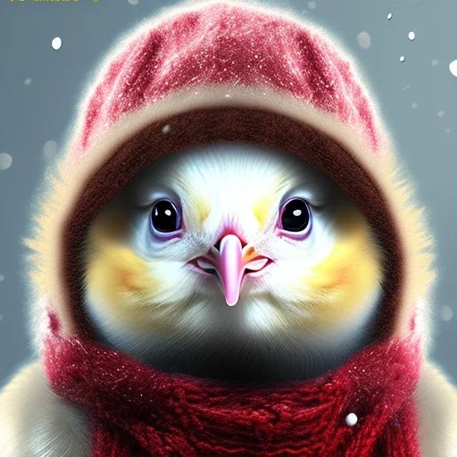 hyper realistic cute baby chick wearing winter cloths and woolen cap serious expression, highly detailed