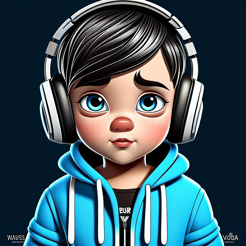 Cute cartoon style of a baby boy with headphones, wearing an blue hoodie with the name "Javier " black jeans grey eyes and brown hair, typography, illustration, painting, poster, 3d render, anime, fashion, cinematic, product