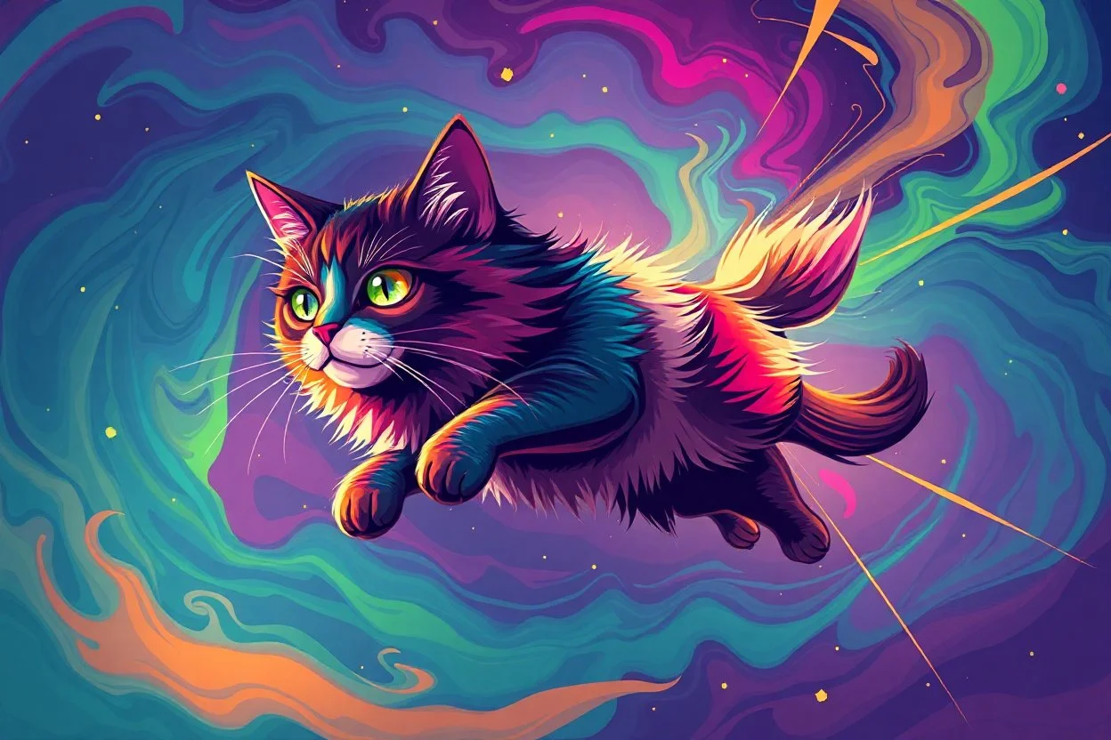 A stylized multicolor cat floating in a weightless, abstract space of swirling color clouds and glowing shards — deep magentas, aqua blues, lime greens, and orange rays. Eyes shine like gemstones. --v 7 --style raw --ar 2:3 --q 2