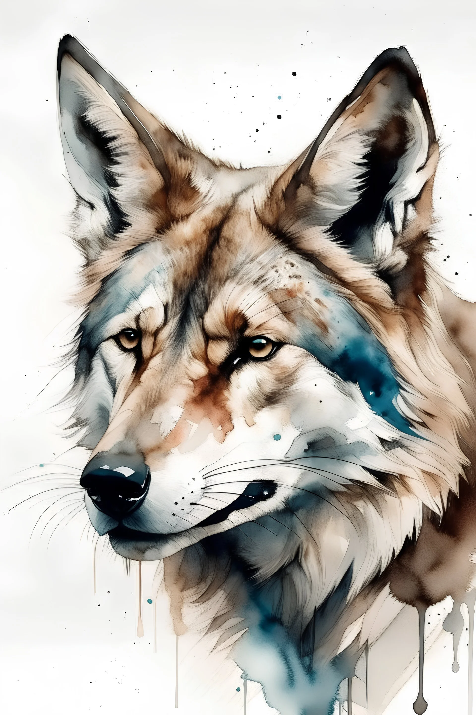 Oil painting of a wolf’s head on white background, realistic anatomy, minimalistic, muted colours, paint splatters