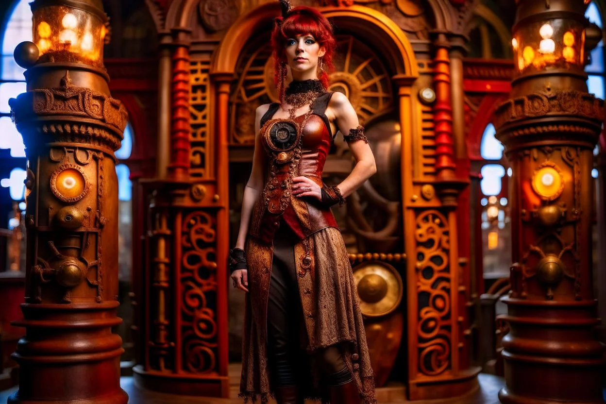 full body shot of a skinny Cleopatra, with a bob red hairstyle, standing in a steampunk setting.