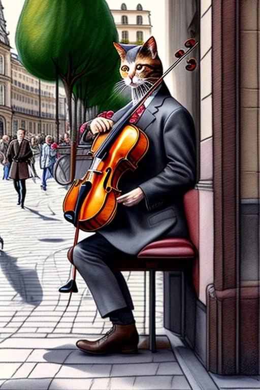 One single mature cat playing violin on the street, Vienna, friendly, model style, hyper realistic, extremely accurate, delicate, extremely detailed, Graphic novel style, wide-angle, open aperture, superfine pencil