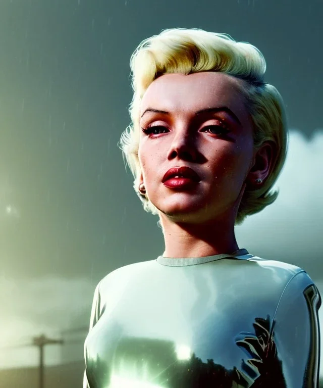 Ultra Realistic retro sci-fi 1960 scene, waist up view portrait, blonde woman, sweet young Marilyn Monroe face, perfect iris, tight latex coat, Strange planet background, Retro sci-fi style glass helmet, sphere dron, fog, rain, soft color, highly detailed, unreal engine 5, ray tracing, RTX, lumen lighting, ultra detail, volumetric lighting, 3d, finely drawn, high definition, high resolution.