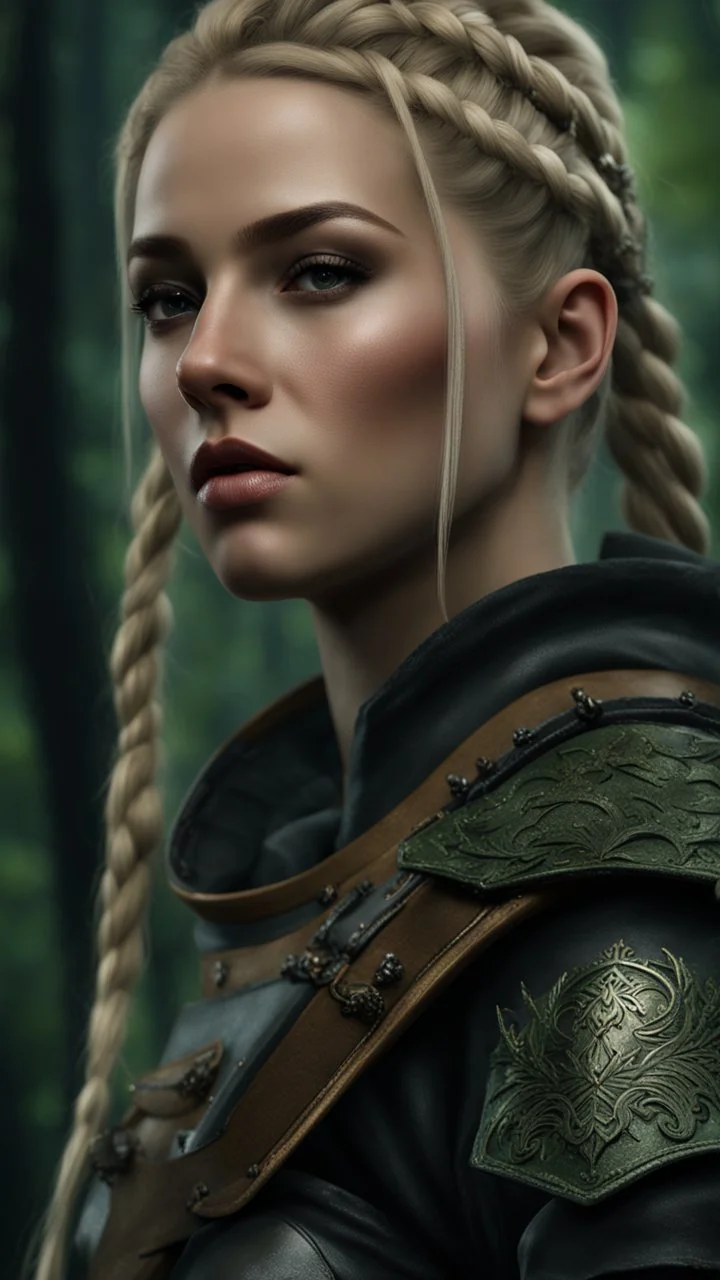 photorealistic hyperdetailed portait of an 18-year-old female as mercenary with blonde undercut hair with braids, wearing light armour dark fantasy forest backdrop