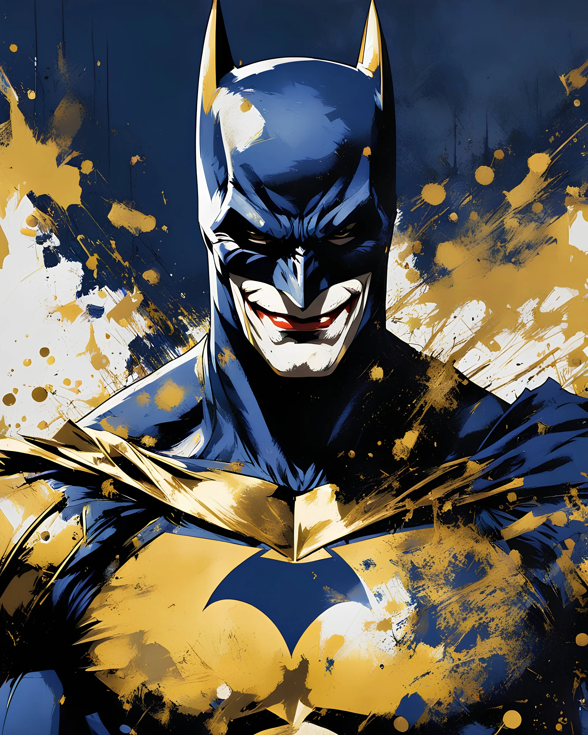 poster in two gradually, a one side Batman darkblue and other side Joker gold tones, painting by Yoji Shinkawa,