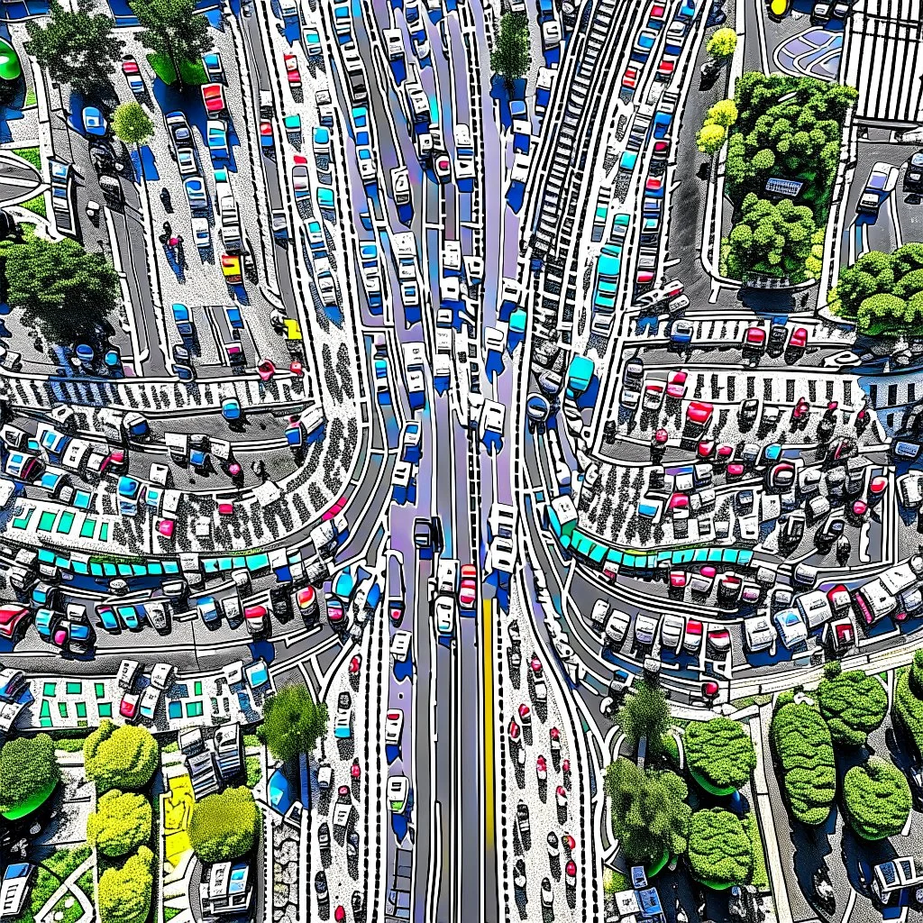 photo of a very busy crossroad taken from a helicopter