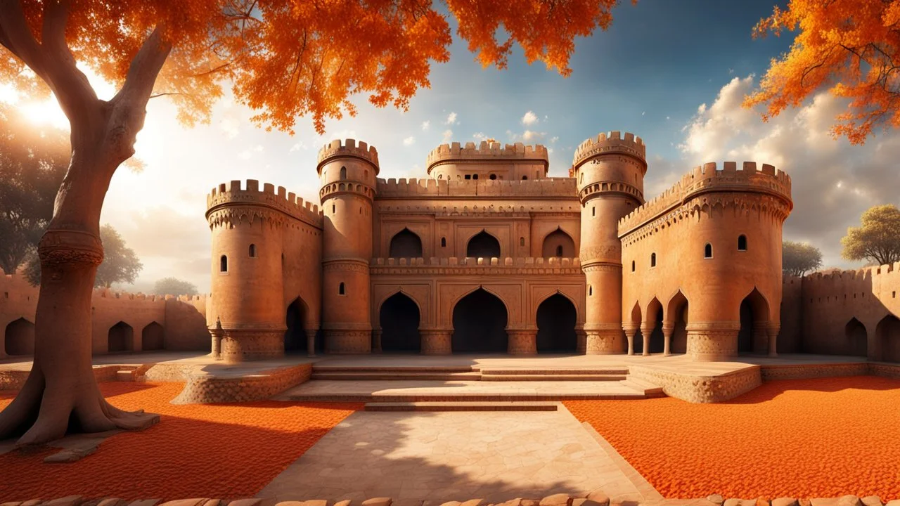 Hyper Realistic Photographic Wide-angle-Outside View Of A Huge-Detailed-Crafted-Rajasthani-Fort In An Autumn Season with dried Orange Leaves on the land & thick autumn trees with cloudy-sunrays behind the fort with garden outside (& water-fountain at the side) the fort showing dramatic & cinematic ambiance.